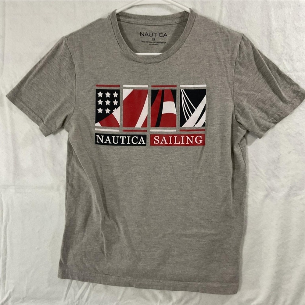 Nautica Shirt Mens XS Gray Sailing Flags Graphic Tee Tagless Nautical Patriotic